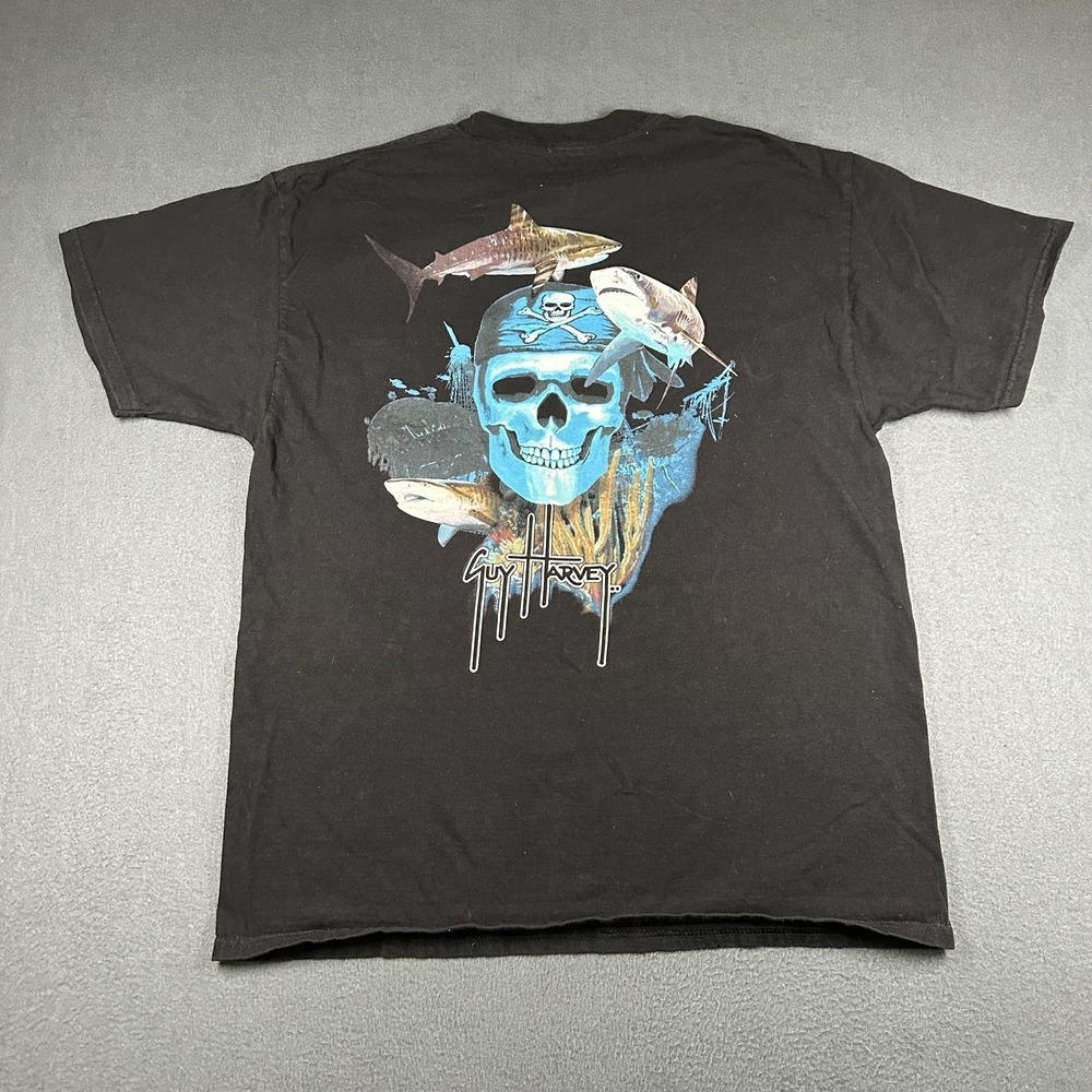 Guy Harvey Shirt Mens Large Black Pirate Skull Sharks Graphic Pocket Fishing Tee - Picture 1 of 11